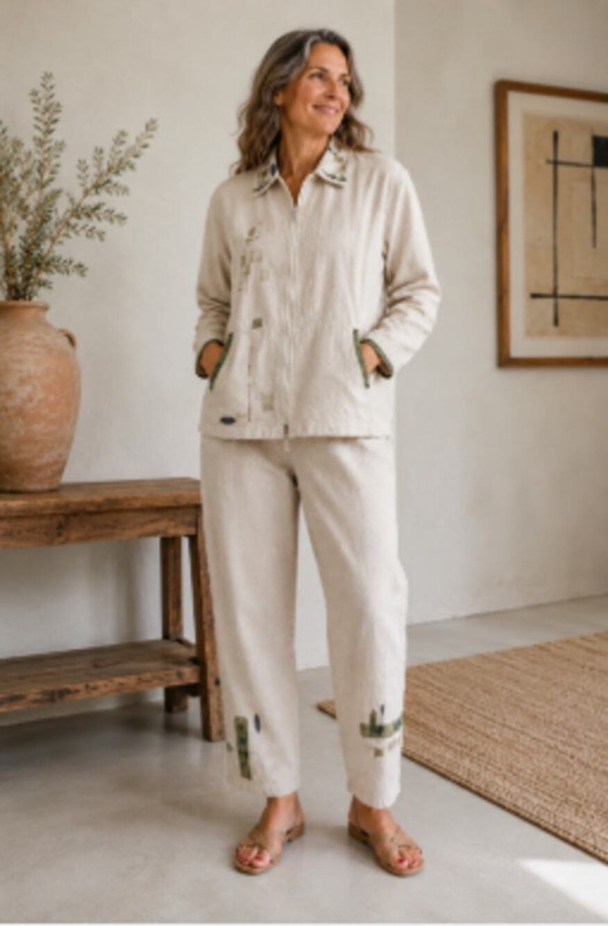 Play Alegre Hand Painted Linen Blend 2 Pc Set Jacket Pants Large Wearable Art